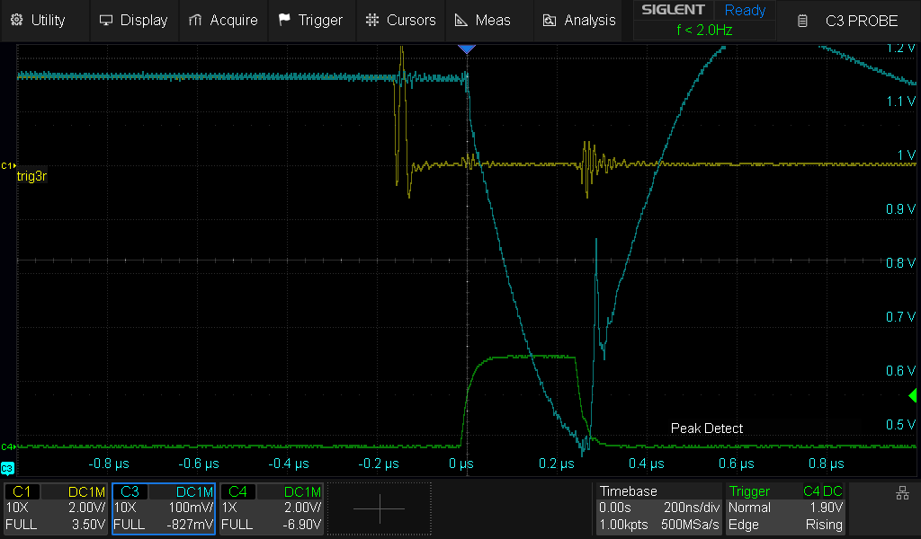 width = 230ns , in4007 slow diode, gate driver at 8v output, x2 stacked DMG fets